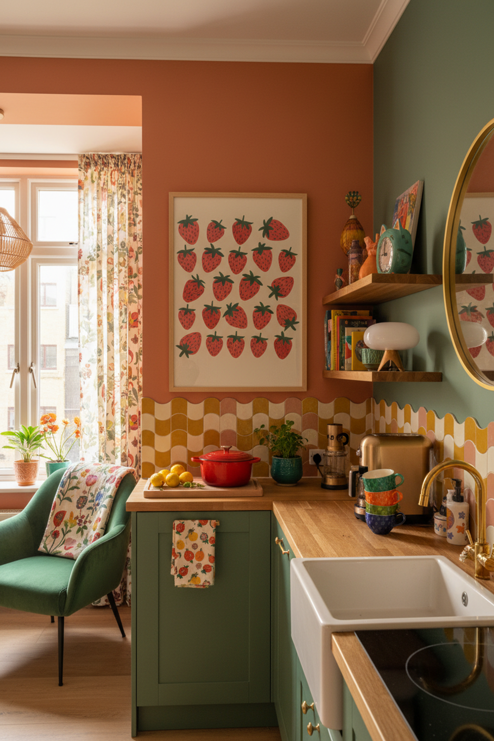 Playful Strawberry Pattern Art Print shown framed in a modern room setting