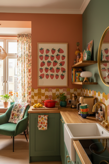 Playful Strawberry Pattern Art Print shown framed in a modern room setting