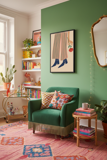 Playful Striped Trousers Art Print shown framed in a modern room setting