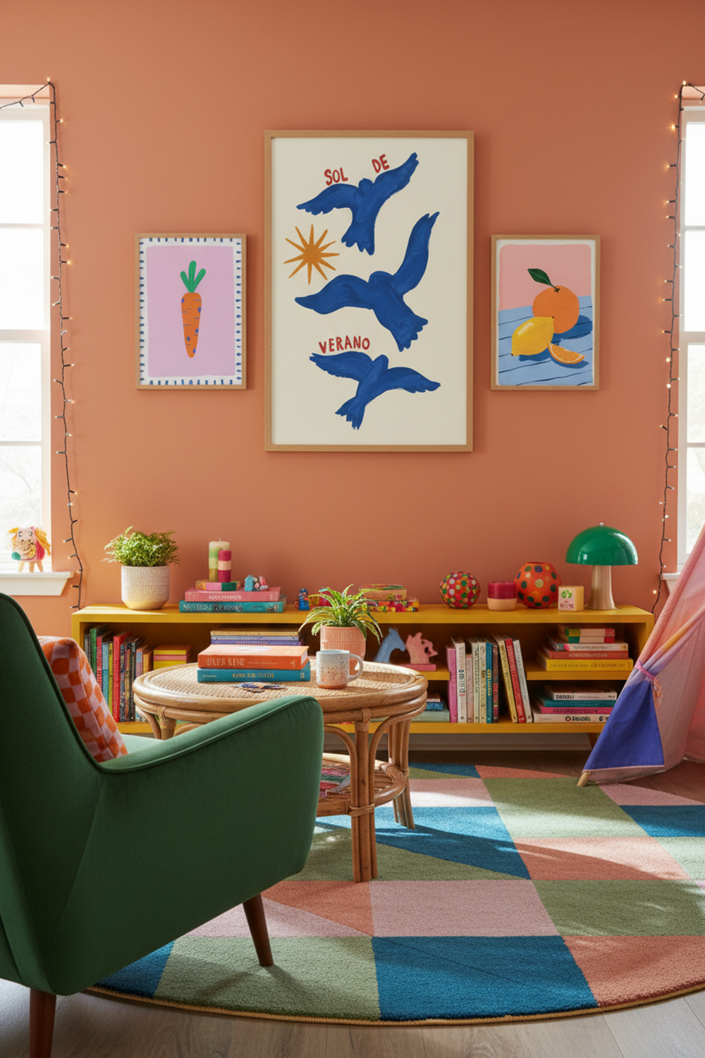 Playful Summer Birds Art Print as part of a gallery wall arrangement