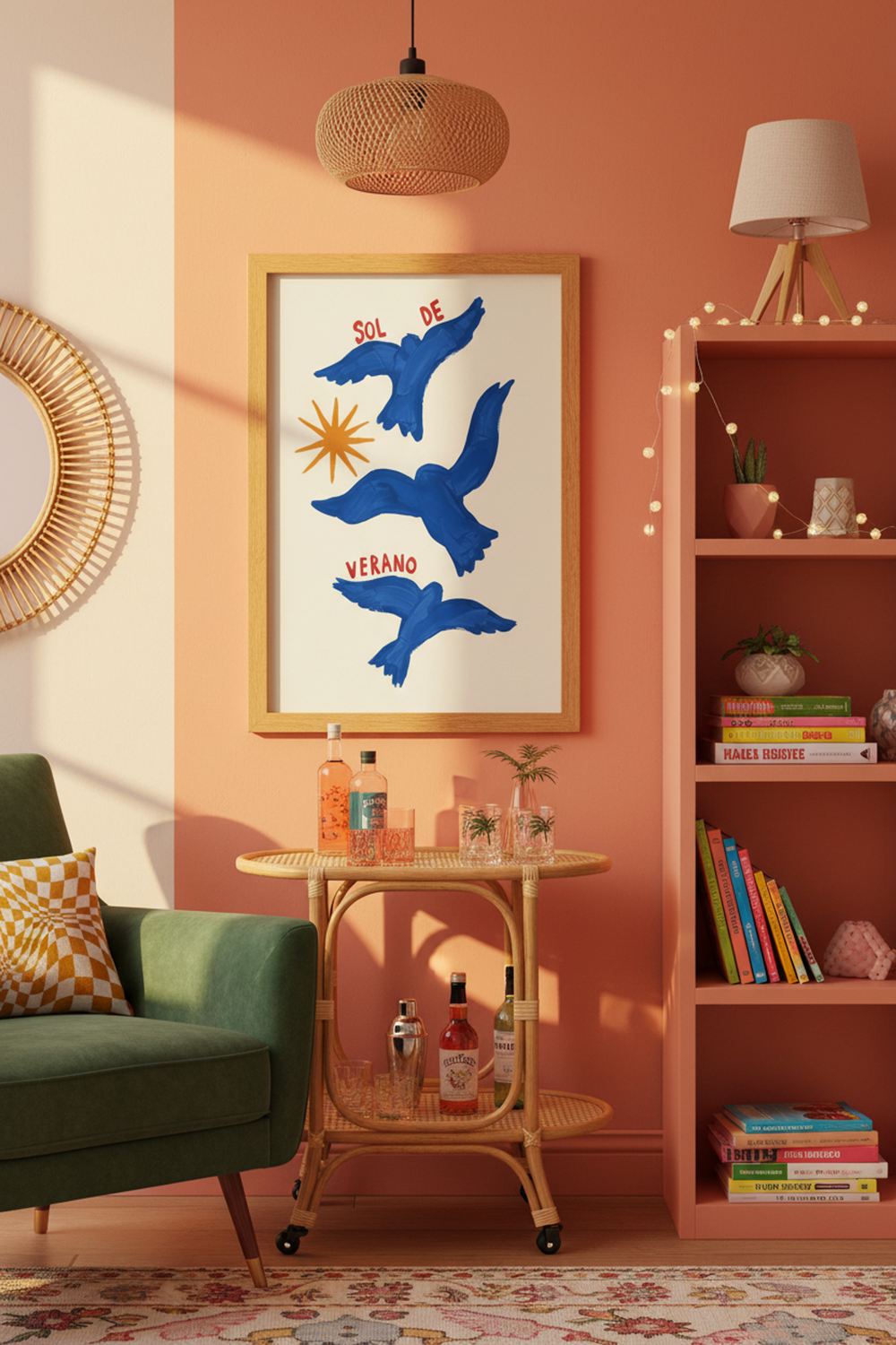 Playful Summer Birds Art Print shown framed in a modern room setting