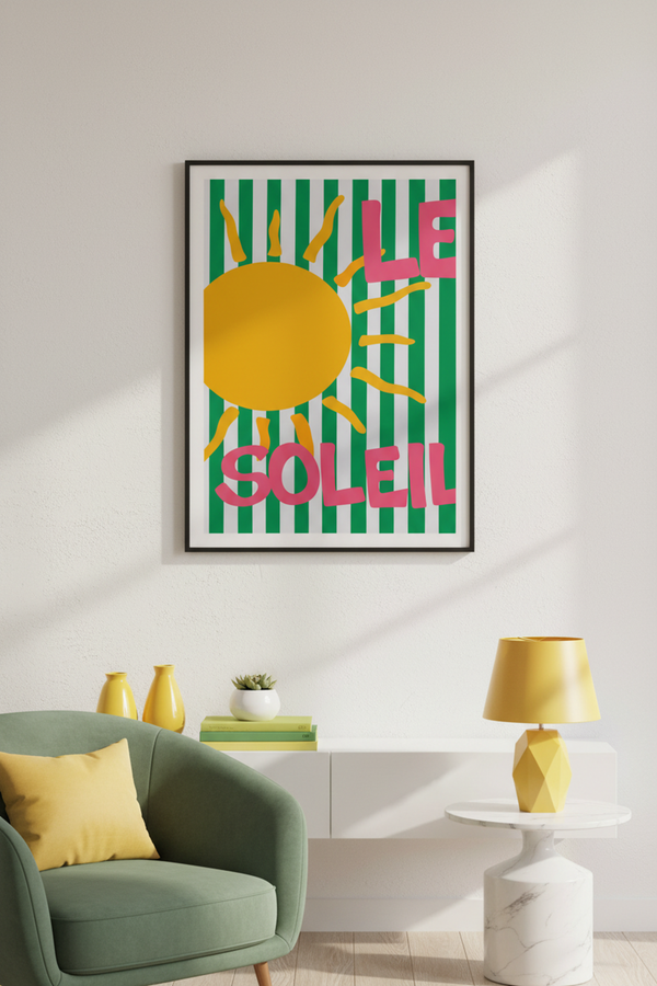 Playful Sun and Stripes Art Print shown framed in a modern room setting
