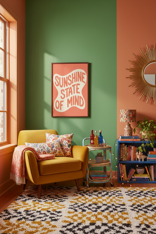 Playful Sunshine State of Mind Art Print shown framed in a modern room setting