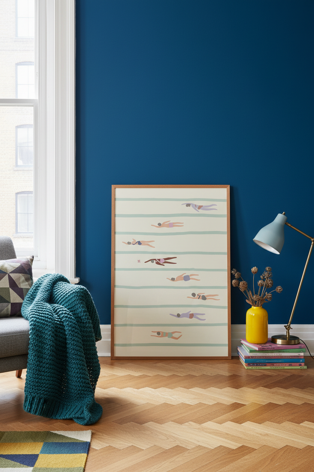 Playful Swimmers Pool Art Print shown framed in a modern room setting