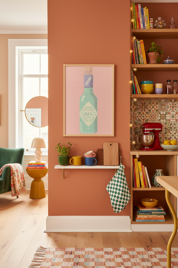 Playful Tabasco Bottle Art Print shown framed in a modern room setting