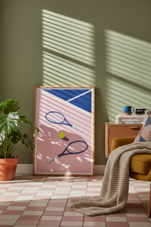Playful Tennis Court Art Print shown framed in a modern room setting