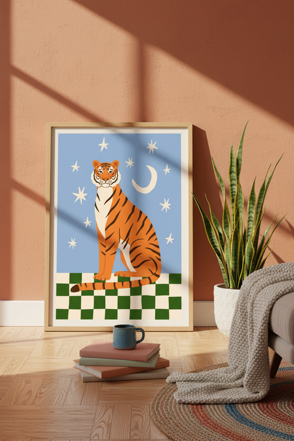 Playful Tiger and Stars Art Print shown framed in a modern room setting