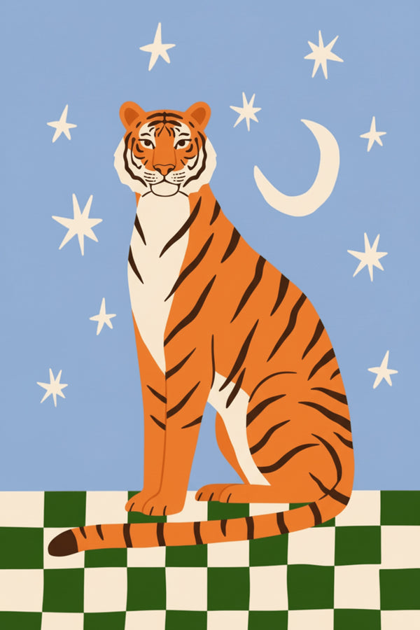 Playful Tiger and Stars Art Print – wall art print by LOUDHAUS