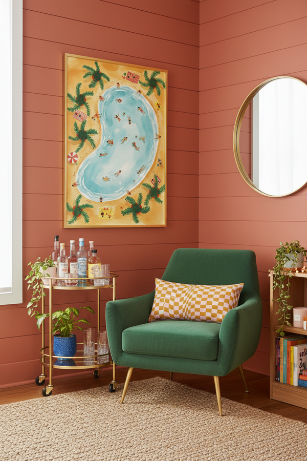 Playful Tropical Beach Art Print shown framed in a modern room setting