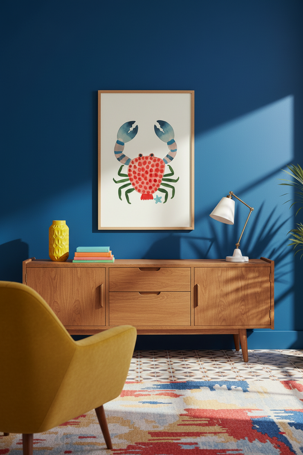 Playful Watercolour Crab Art Print shown framed in a modern room setting