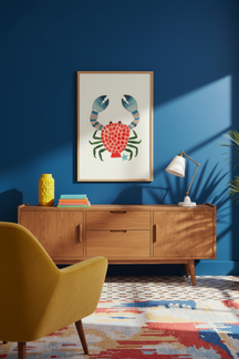Playful Watercolour Crab Art Print shown framed in a modern room setting