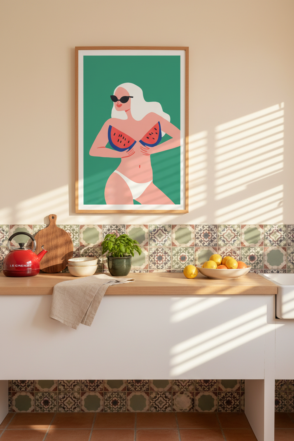 Playful Watermelon Bikini Art Print shown framed in a modern room setting