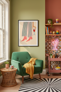 Playful Wine Drinker Illustration Art Print shown framed in a modern room setting