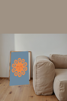 Playful Winking Sun Art Print shown framed in a modern room setting