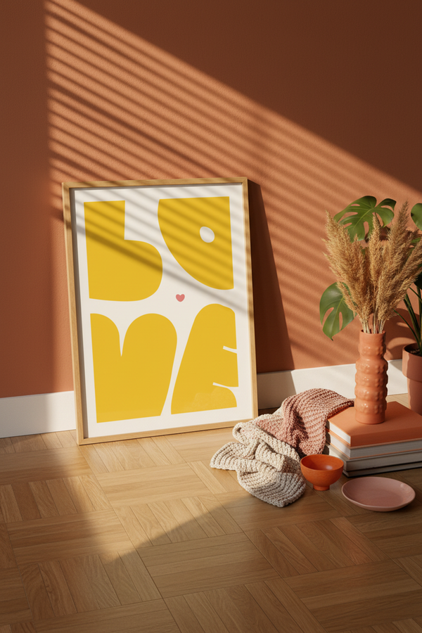 Playful Yellow Love Heart Art Print shown framed in a modern room setting