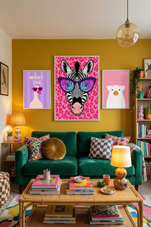 Playful Zebra Sunglasses Art Print as part of a gallery wall arrangement