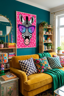 Playful Zebra Sunglasses Art Print shown framed in a modern room setting