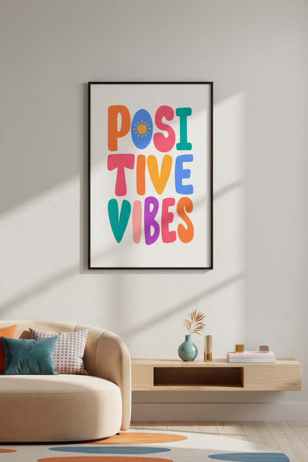 Positive Vibes Colourful Typography Art Print shown framed in a modern room setting