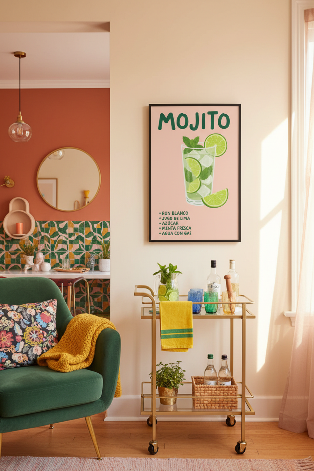 Refreshing Mojito Recipe Art Print shown framed in a modern room setting
