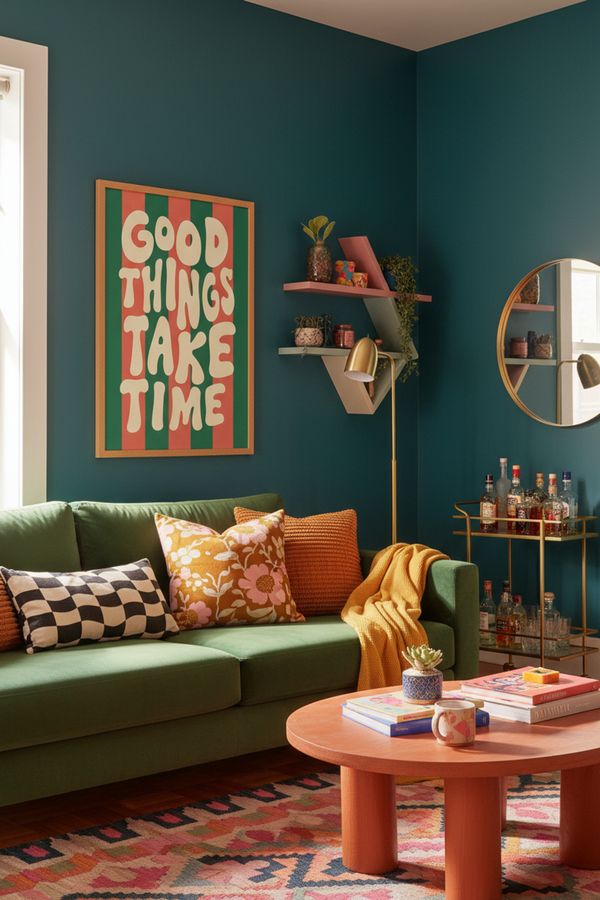 Retro 'Good Things Take Time' Art Print shown framed in a modern room setting