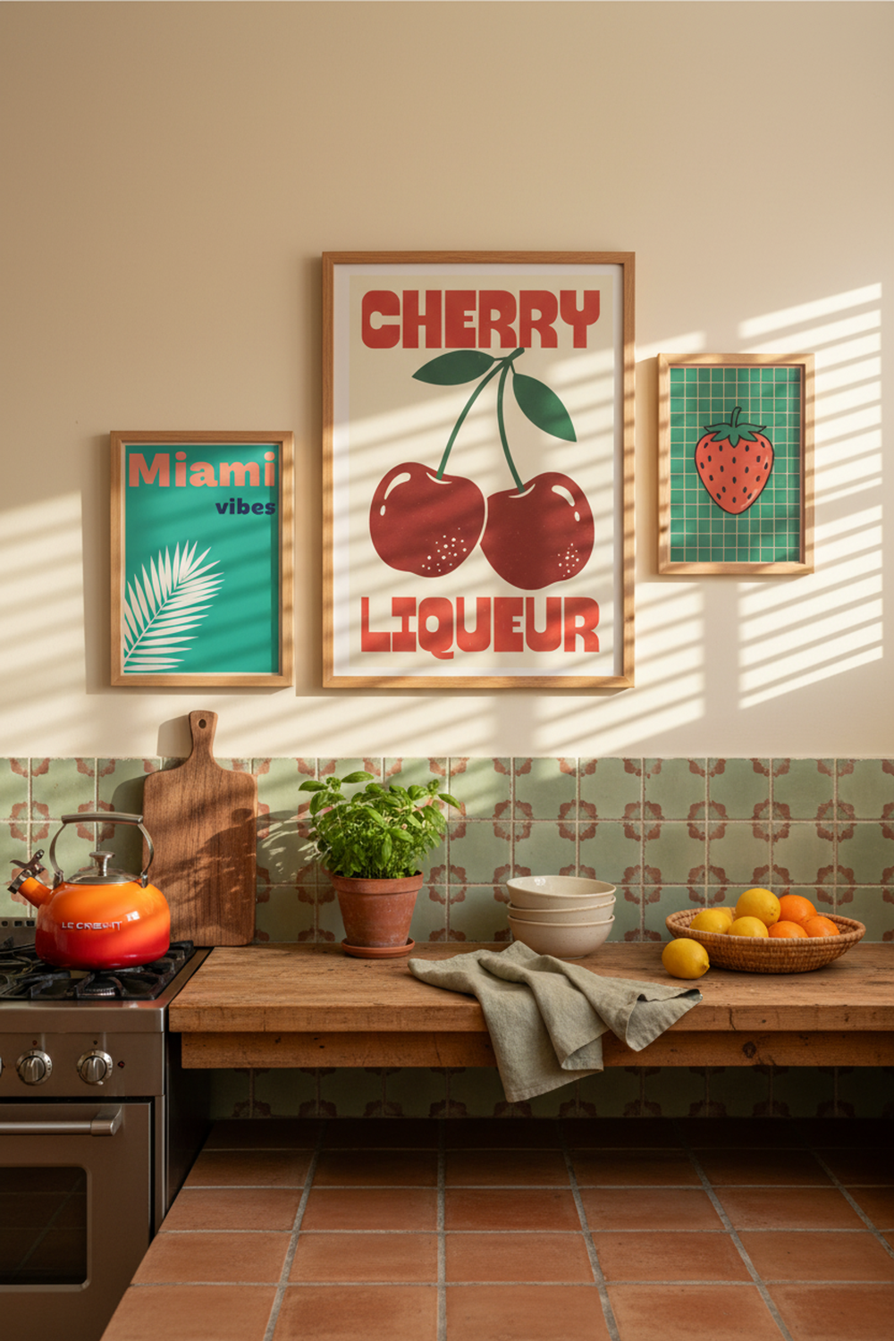 Retro Cherry Liqueur Art Print as part of a gallery wall arrangement