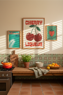 Retro Cherry Liqueur Art Print as part of a gallery wall arrangement