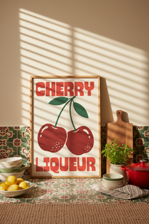 Retro Cherry Liqueur Art Print shown framed in a modern room setting