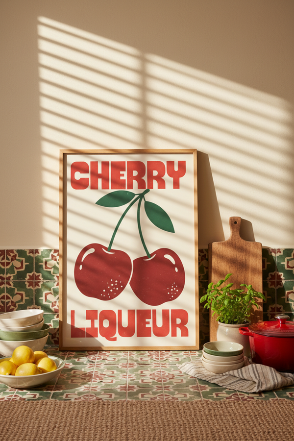 Retro Cherry Liqueur Art Print shown framed in a modern room setting