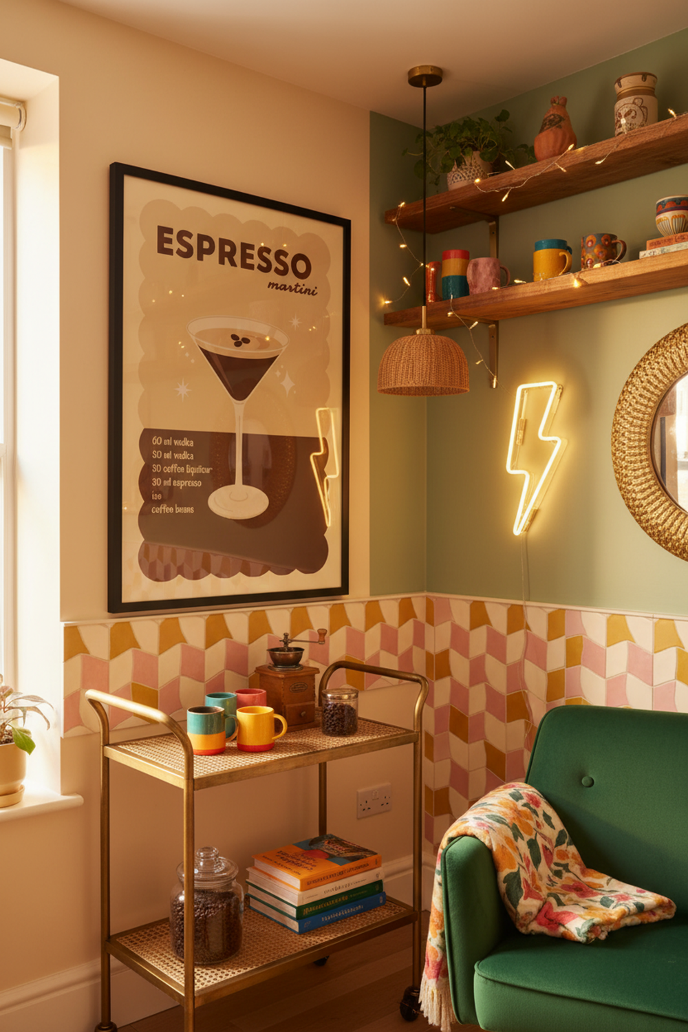 Retro Espresso Martini Recipe Print shown framed in a modern room setting