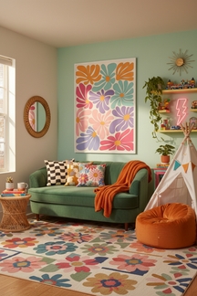 Retro Floral Bloom Art Print shown framed in a modern room setting