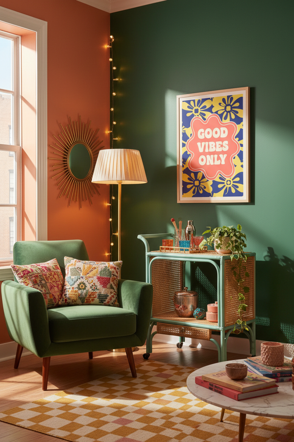 Retro Good Vibes Only Art Print shown framed in a modern room setting