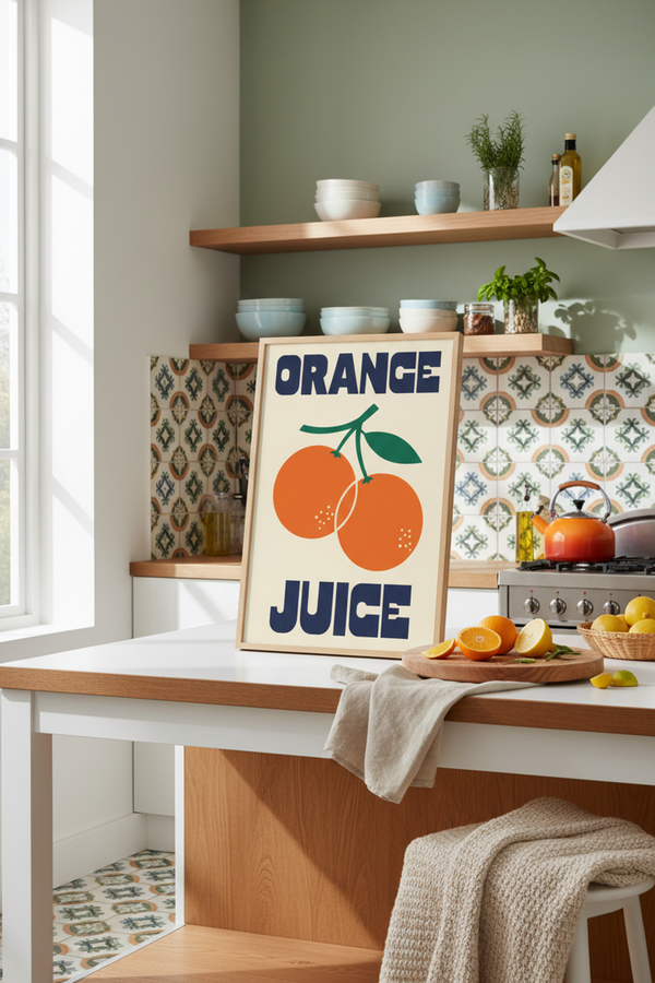 Retro Orange Juice Art Print shown framed in a modern room setting