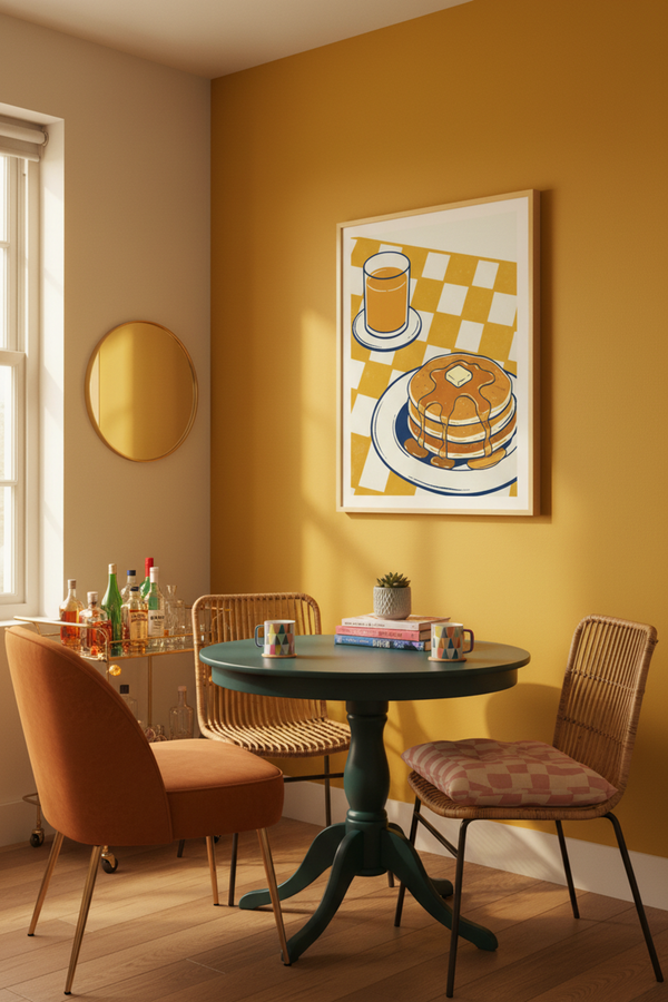 Retro Pancakes & Juice Art Print shown framed in a modern room setting