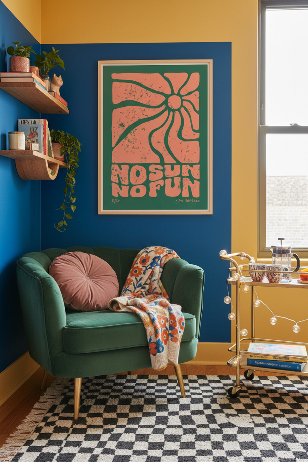 Retro Sun Typography Art Print shown framed in a modern room setting