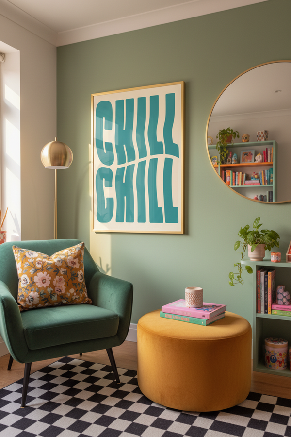 Retro Teal 'Chill' Typography Art Print shown framed in a modern room setting