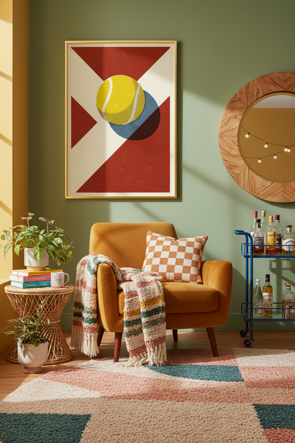 Retro Tennis Ball Court Art Print shown framed in a modern room setting
