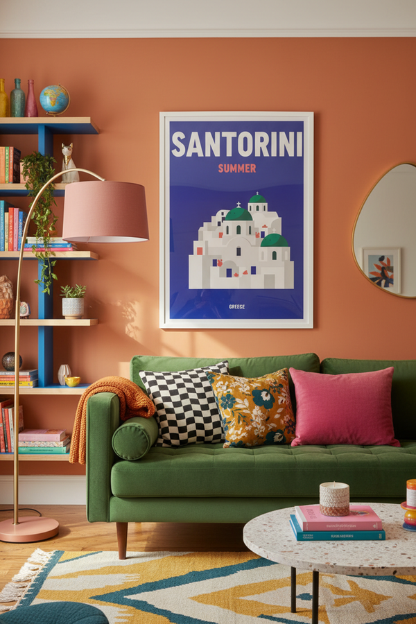 Santorini Summer Travel Art Print shown framed in a modern room setting