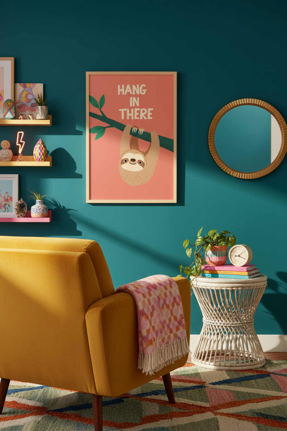 Sloth 'Hang In There' - Playful Illustration Wall Art Print shown framed in a modern room setting