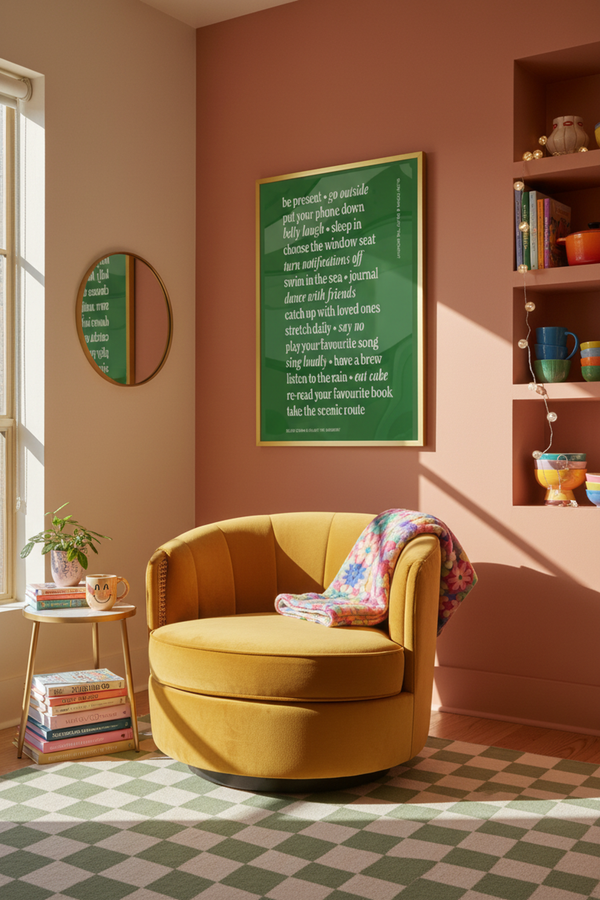 Slow Down & Enjoy The Moment Art Print shown framed in a modern room setting