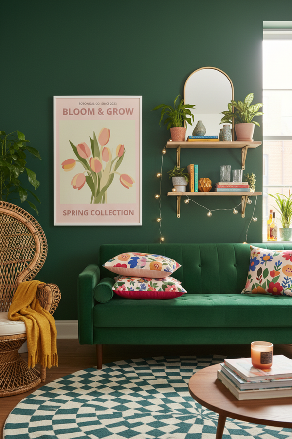 Soft Pink Tulip Bouquet Art Print shown framed in a modern room setting