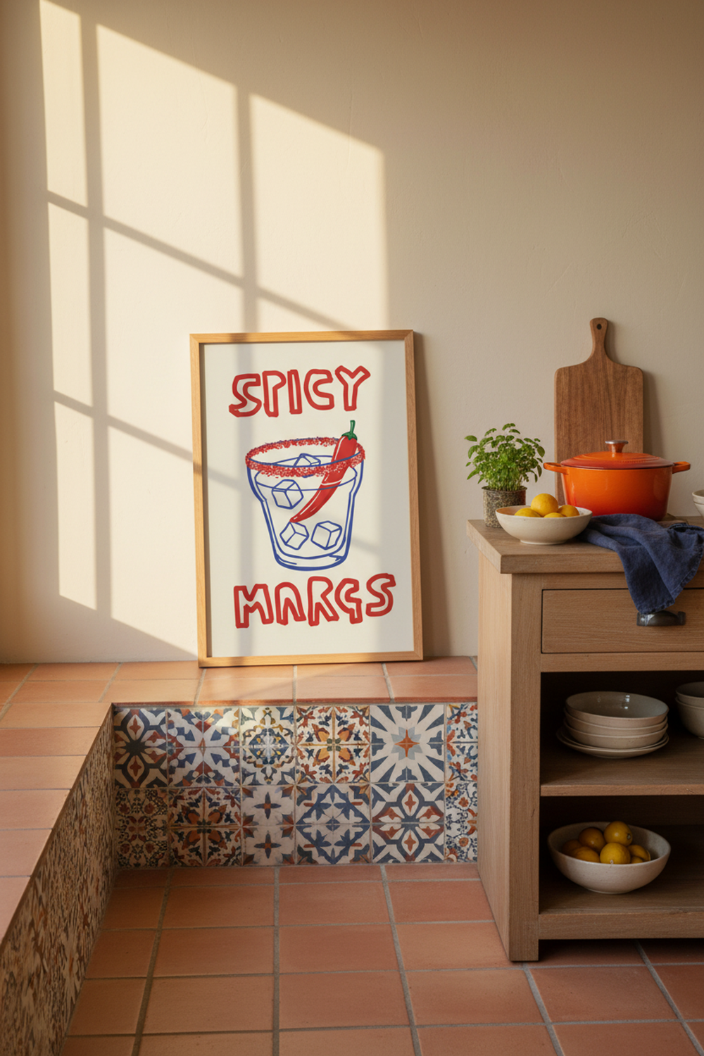 Spicy Margarita Cocktail Art Print shown framed in a modern room setting