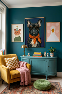 Stylish French Bulldog Art Print as part of a gallery wall arrangement