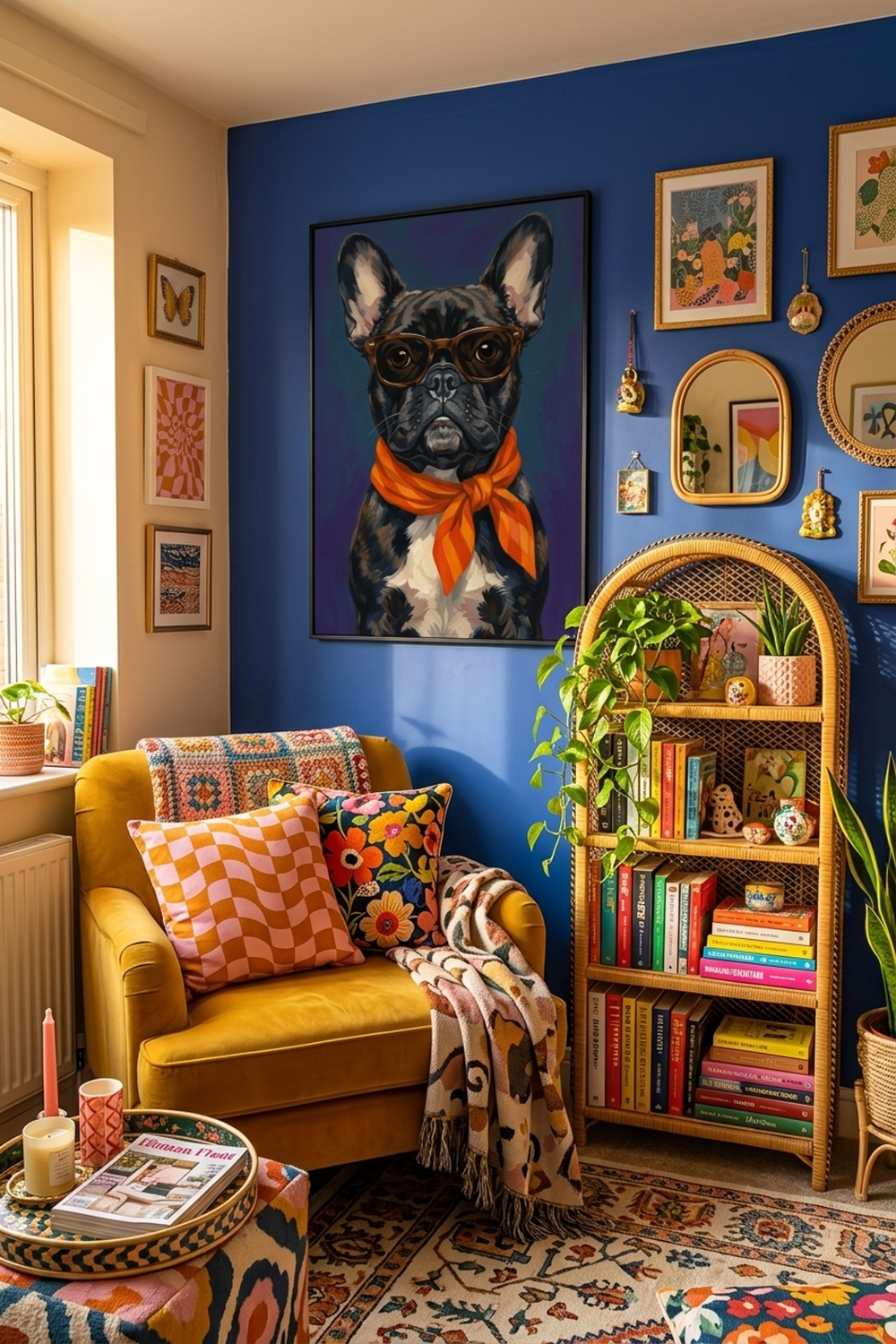 Stylish French Bulldog Art Print shown framed in a modern room setting