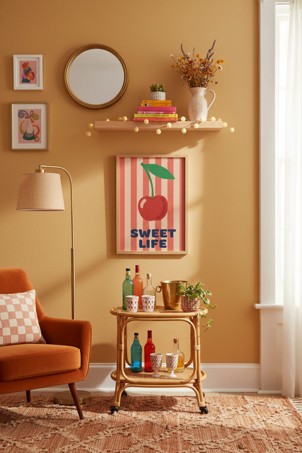 Sweet Life Cherry Art Print shown framed in a modern room setting