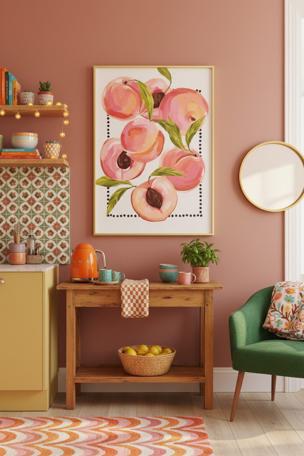 Sweet Peach Harvest Art Print shown framed in a modern room setting