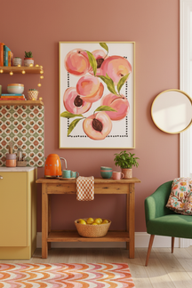 Sweet Peach Harvest Art Print shown framed in a modern room setting