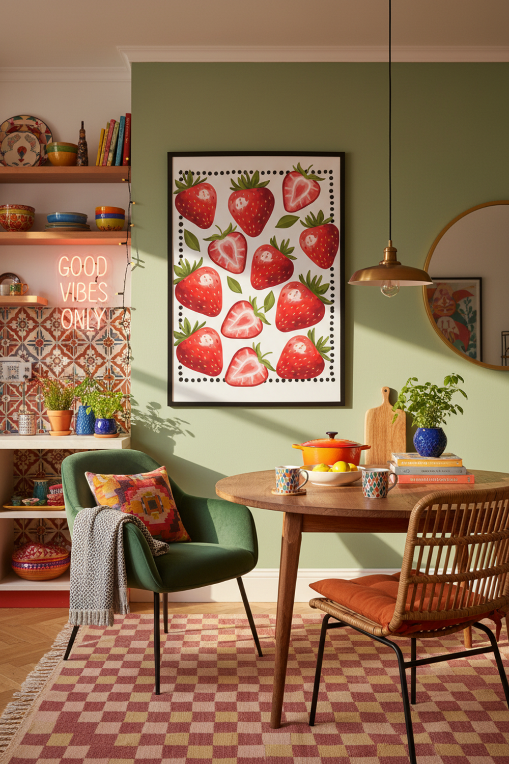 Sweet Strawberry Delight Art Print shown framed in a modern room setting