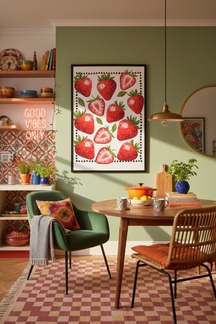 Sweet Strawberry Delight Art Print shown framed in a modern room setting
