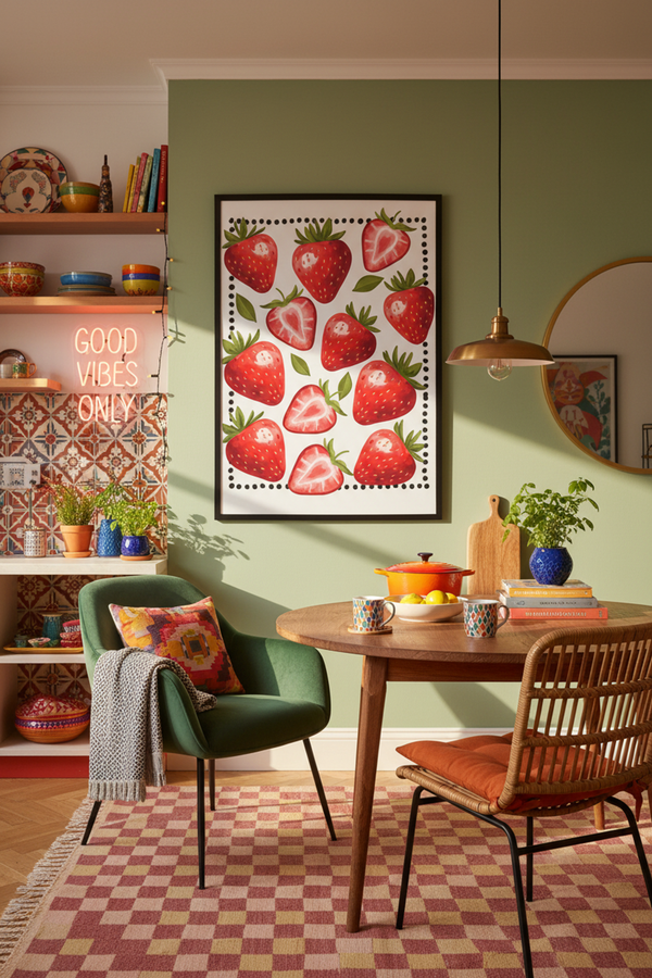 Sweet Strawberry Delight Art Print shown framed in a modern room setting