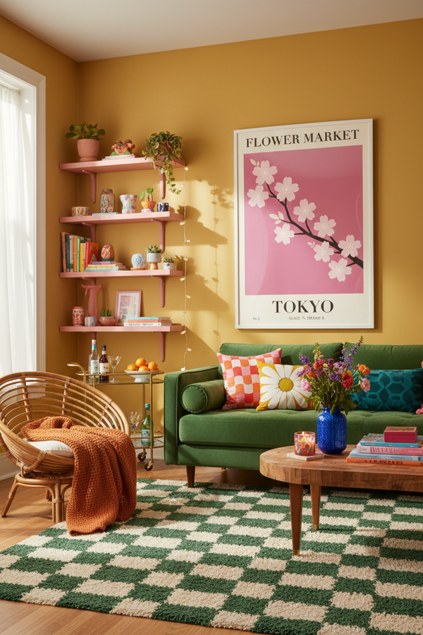 Tokyo Cherry Blossom Art Print shown framed in a modern room setting